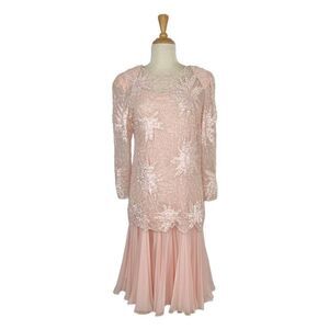 SWEE LO S Pink Gown Dress Set Gatsby 80s does 20’s Beaded Vintage Evening Prom